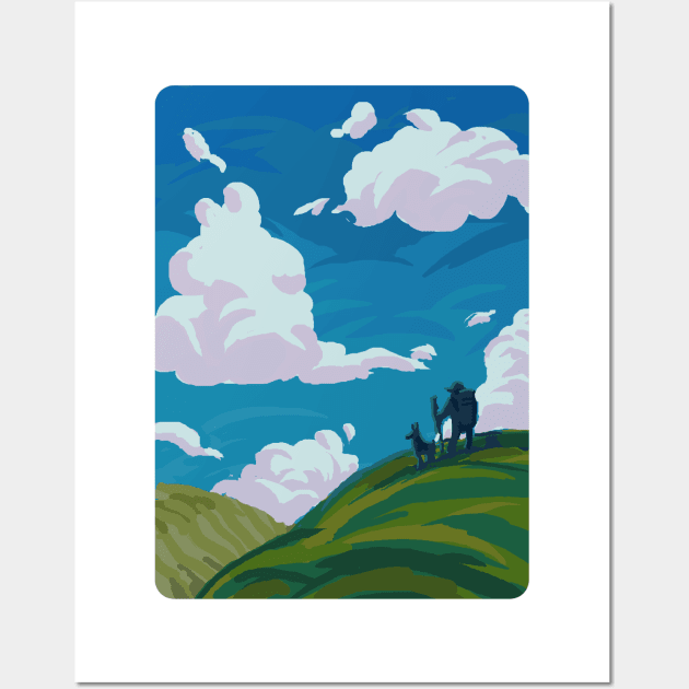 Comfy Hills A Person Travelling with A Dog Wall Art by banditotees